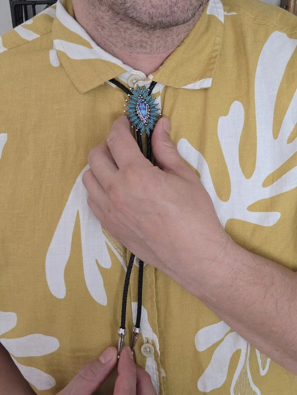 Silver Faux Turquoise Western Bolo Tie Leather Braid Rockstar 70s Aesthetic
